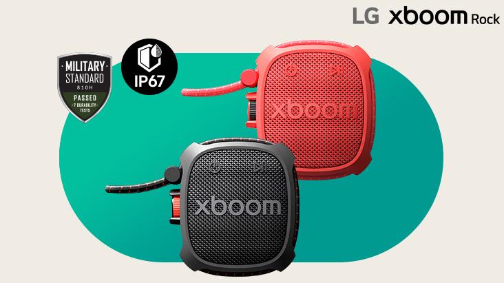 Parlante portátil resistente LG xboom Rock con certificación IP67 y durabilidad de grado militar.